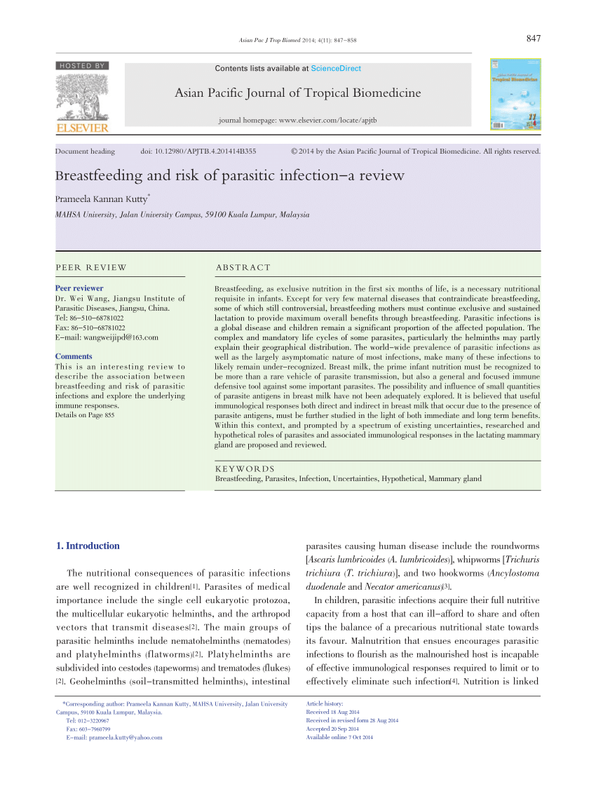 Pdf Breastfeeding And Risk Of Parasitic Infection A Review