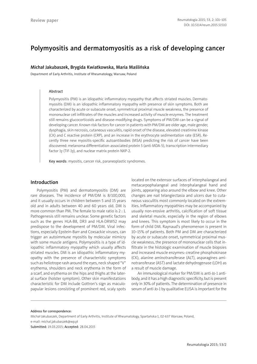 Pdf Polymyositis And Dermatomyositis As A Risk Of Developing Cancer