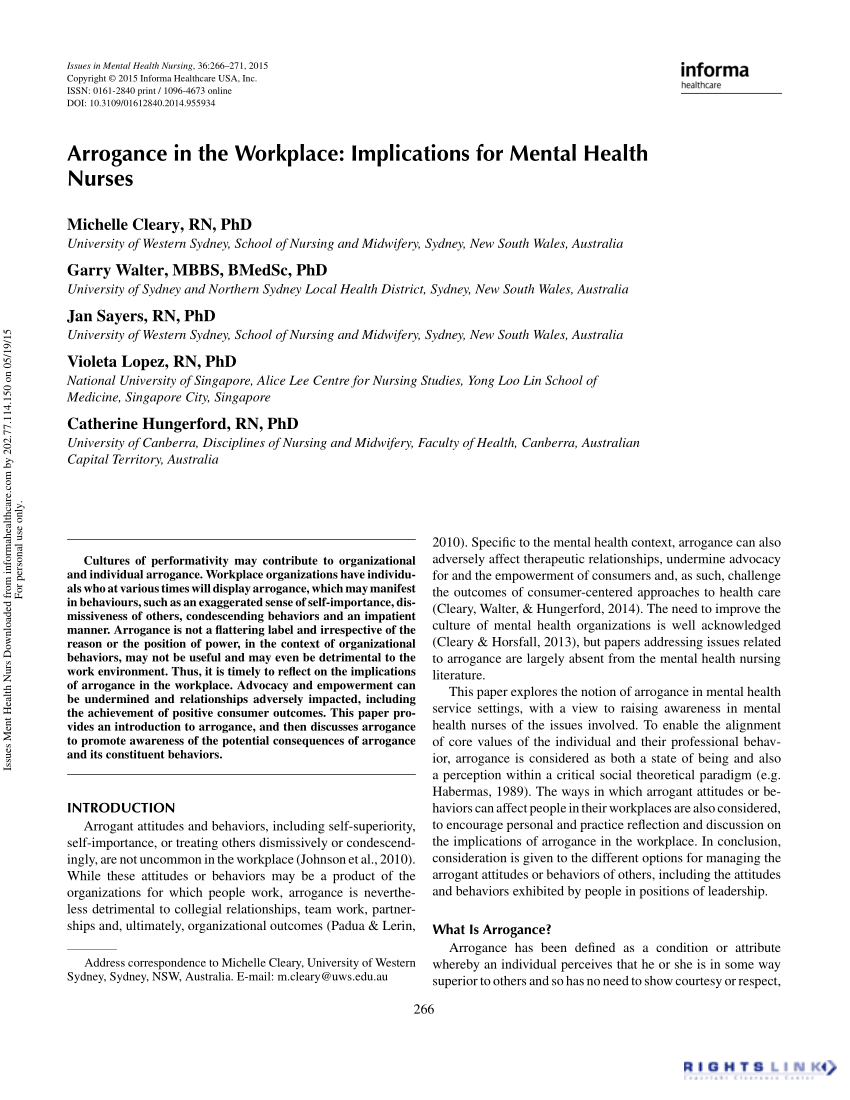 Pdf Arrogance In The Workplace Implications For Mental Health Nurses