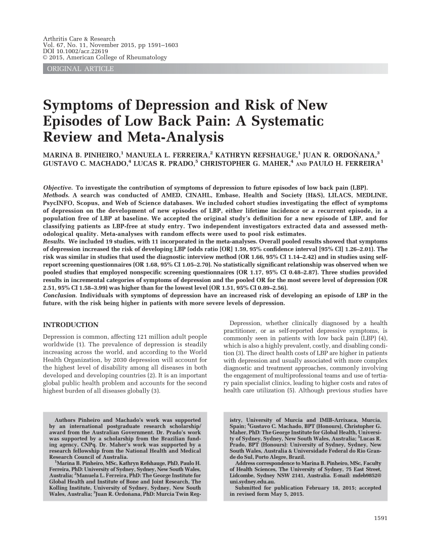 Pdf Symptoms Of Depression And Risk Of New Episodes Of Low Back Pain A Systematic Review And Meta Analysis Depression And Risk Of Low Back Pain