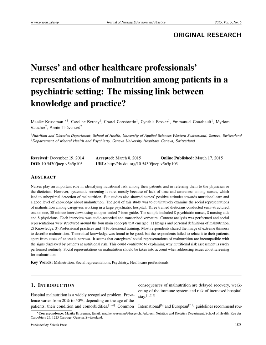 PDF) Nurses' and other healthcare professionals' representations of  malnutrition among patients in a psychiatric setting: The missing link  between knowledge and practice?