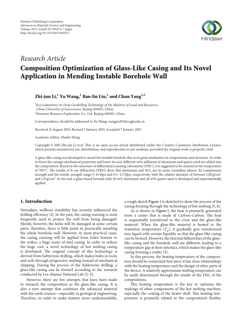 Pdf Composition Optimization Of Glass Like Casing And Its Novel Application In Mending Instable Borehole Wall