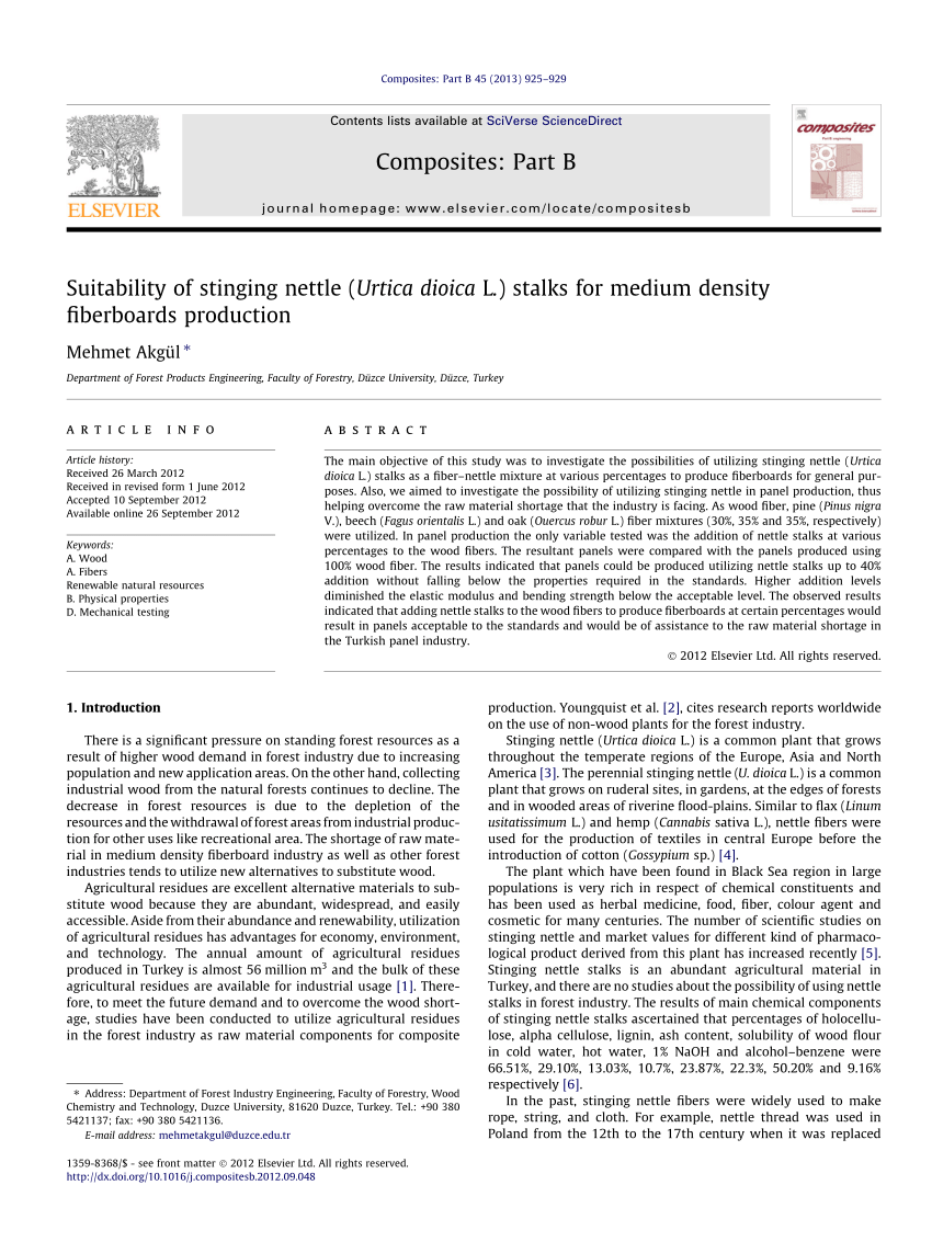 Pdf Suitability Of Stinging Nettle Urtica Dioica L Stalks For Medium Density Fiberboards Production