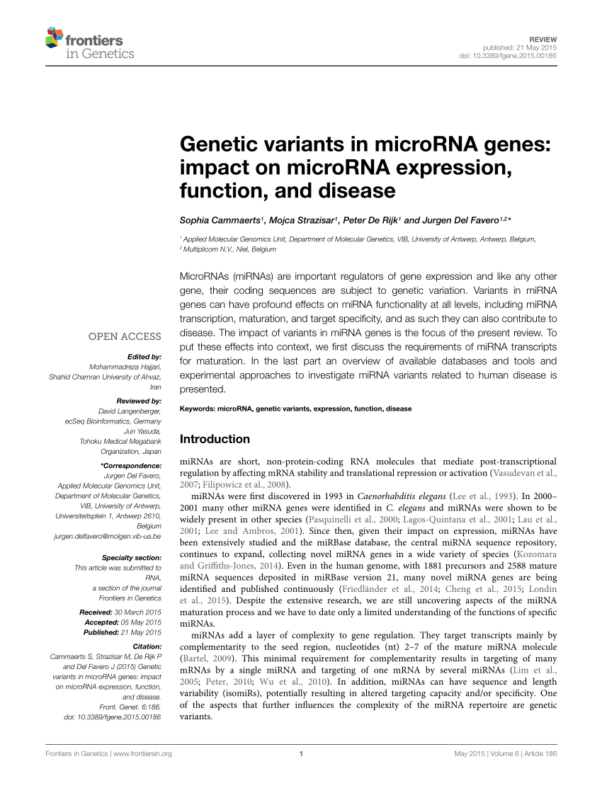 Pdf Genetic Variants In Microrna Genes Impact On Microrna Expression Function And Disease