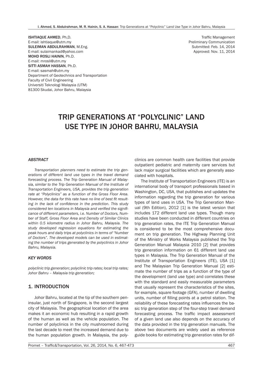 Pdf Trip Generations At Polyclinic Land Use Type In Johor Bahru Malaysia