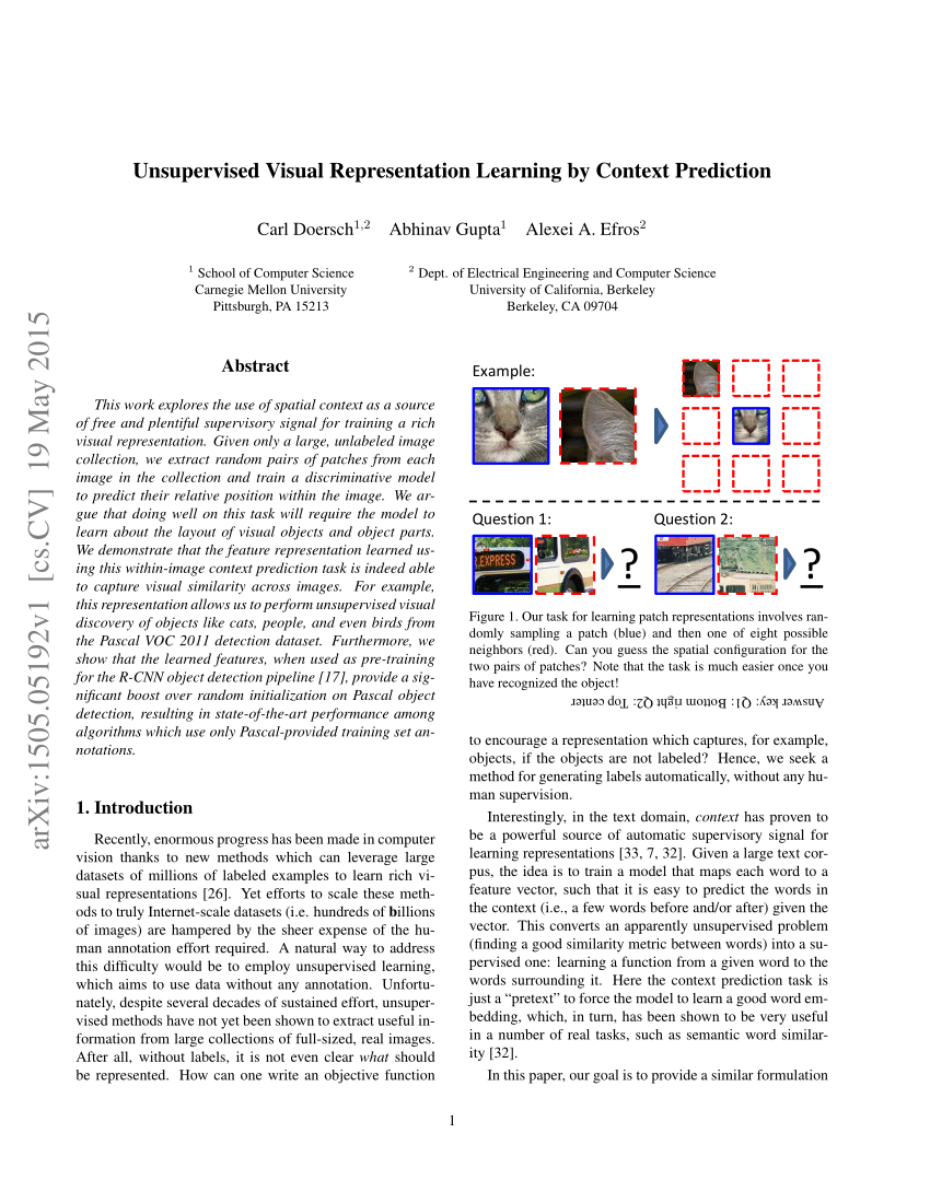 unsupervised visual representation learning by context prediction