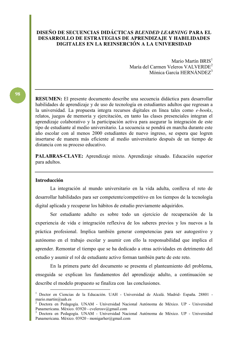 PDF) Diseño de secuencias didácticas Blended Learning para el desarrollo de  estrategias de aprendizaje y habilidades digitales en la reinserción a la  universidad