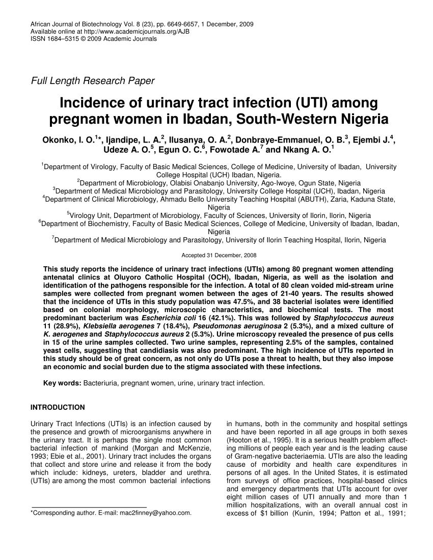 Pdf Incidence Of Urinary Tract Infection Uti Among Pregnant Women In Ibadan South Western 8670