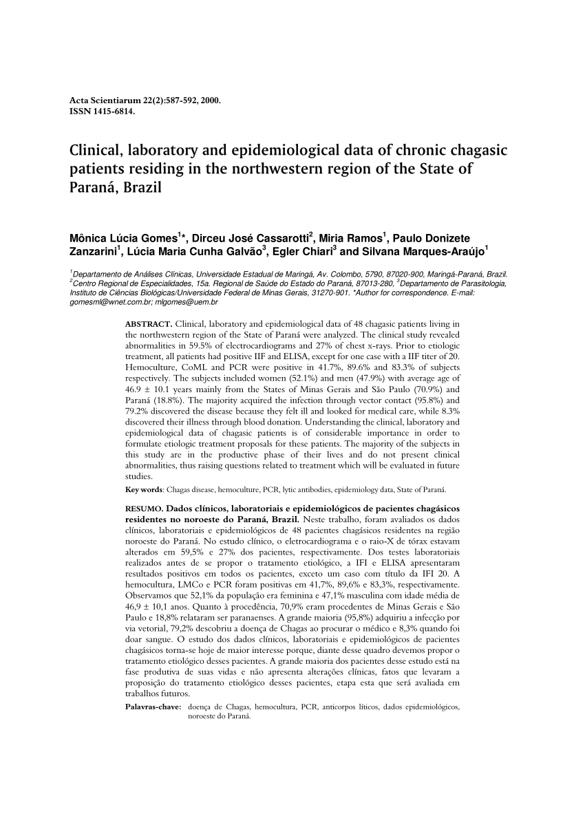 Pdf Dados Clinicos Laboratoriais E Epidemiologicos De Pacientes Chagasicos Residentes No Noroeste Do Parana Brazil