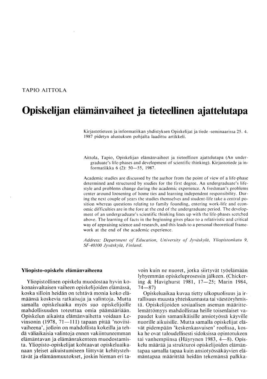 PDF) Opiskelijan elämänvaiheet ja tieteellinen ajattelutapa