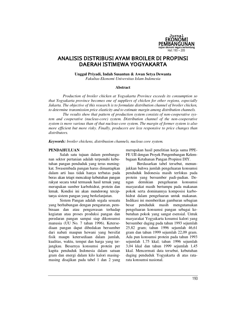 Pdf Analisis Distribusi Ayam Broiler Di Propinsi Daerah Istimewa