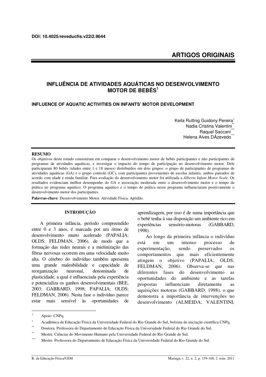 Pdf Influencia De Atividades Aquaticas No Desenvolvimento Motor De Bebes