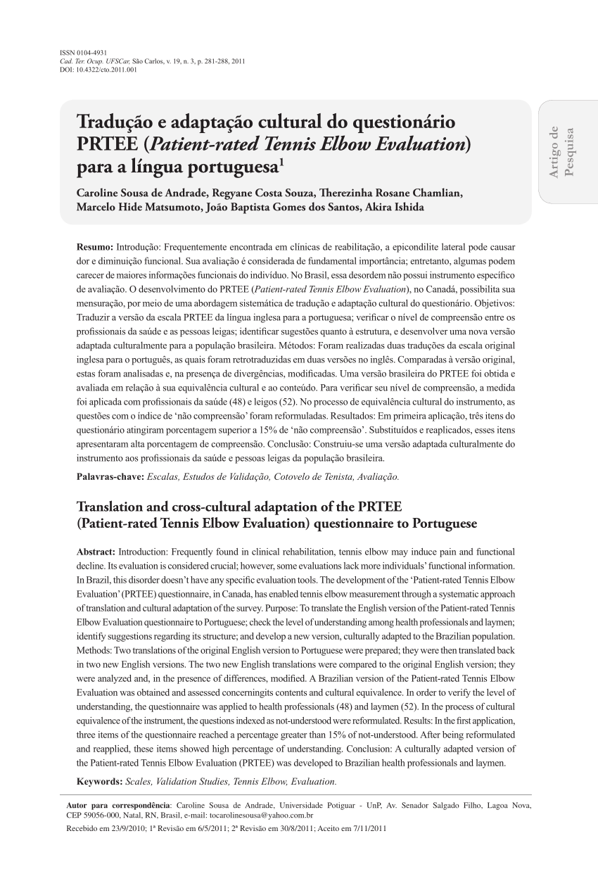 PDF) Tradução e Adaptação Cultural do Questionário PRTEE (patient-rated  tennis elbow evaluation) para a Língua Portuguesa