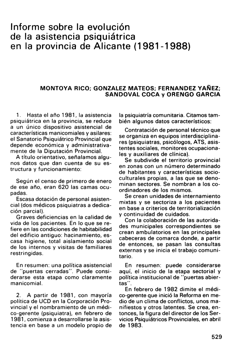PDF) Informe sobre la evolución de la asistencia psiquiátrica en la  provincia de Alicante (1981-1988).