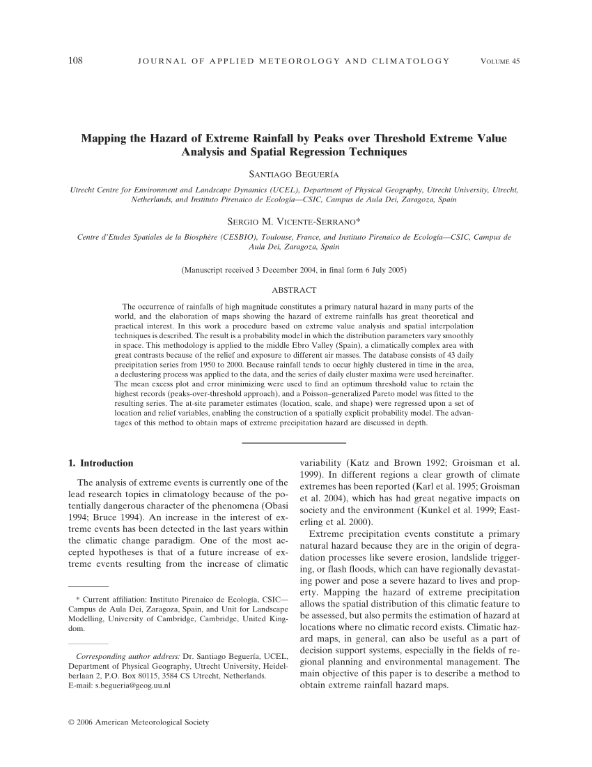 Pdf Mapping The Hazard Of Extreme Rainfall By Peaks Over Threshold Extreme Value Analysis And Spatial Regression Techniques