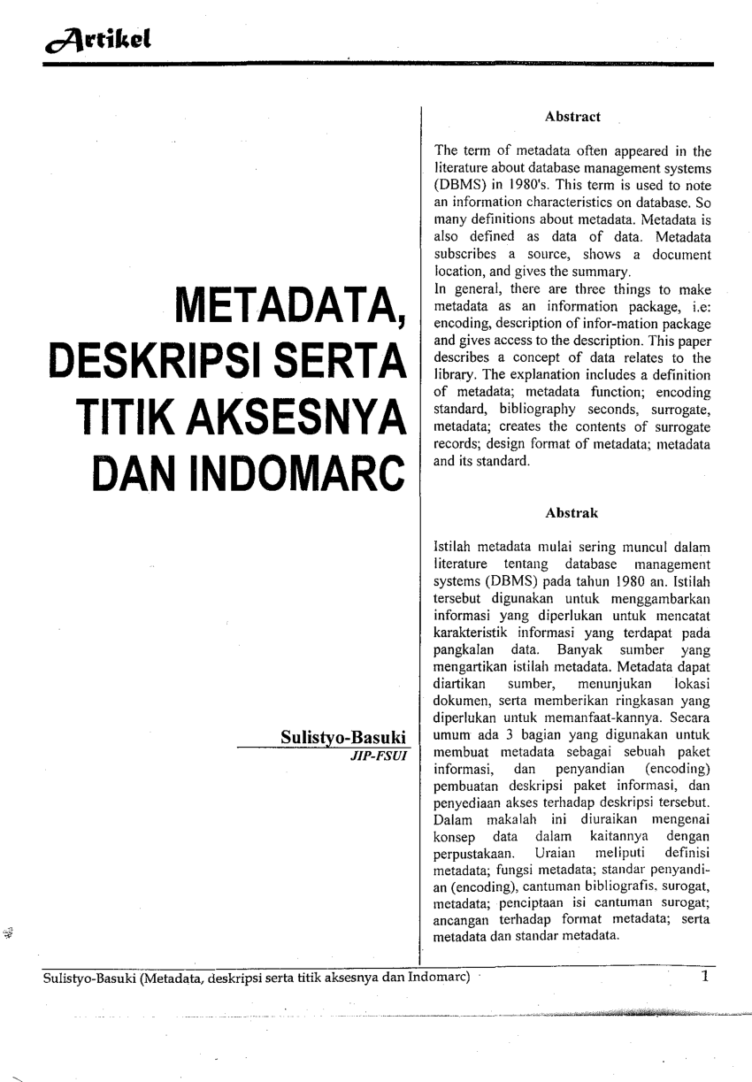 (PDF) METADATA, DESKRIPSI SERTA TITIK AKSESNYA DAN INDOMARC