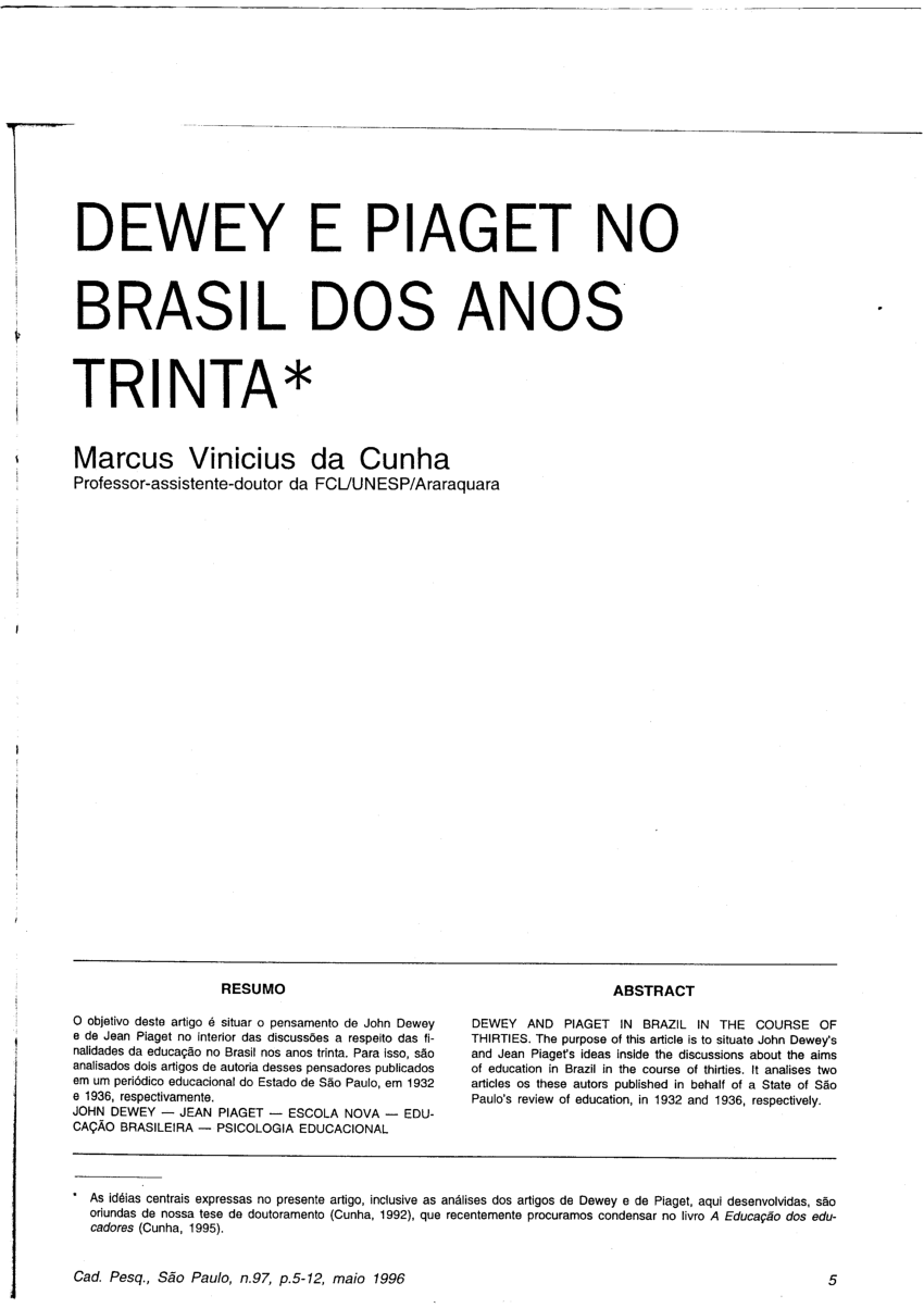 PDF Dewey e Piaget no Brasil dos anos trinta