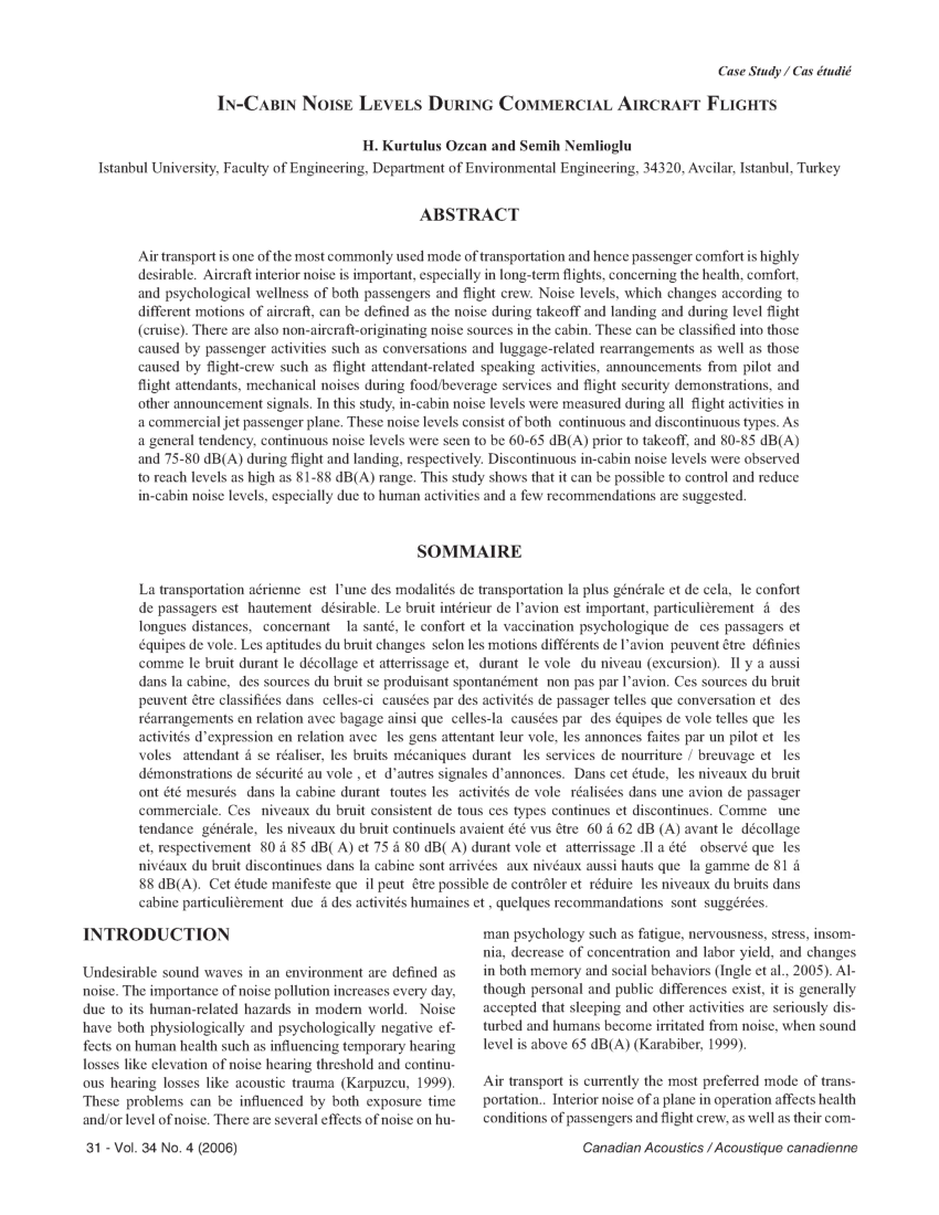 Pdf In Cabin Noise Levels During Commercial Aircraft Flights