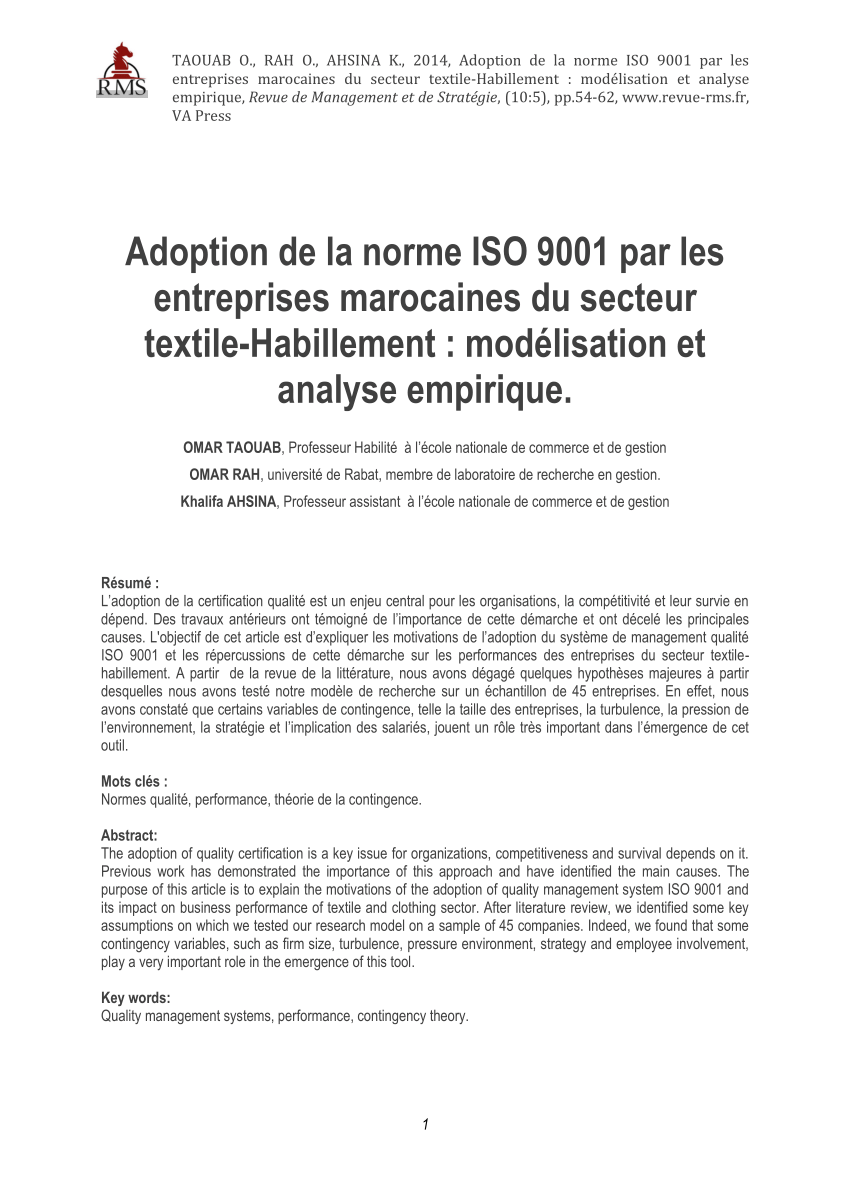 Pdf Adoption De La Norme Iso 9001 Par Les Entreprises Marocaines Du Secteur Textile Habillement Modelisation Et Analyse Empiriques