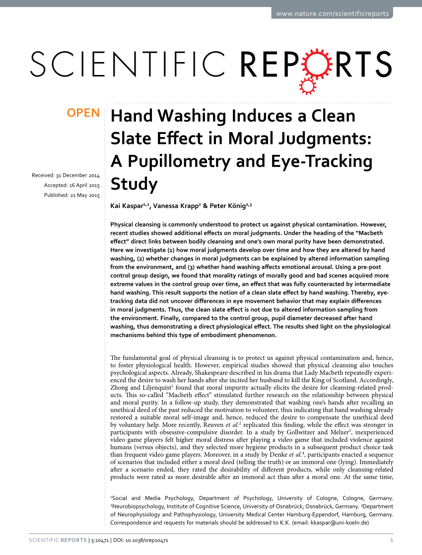 Pdf Hand Washing Induces A Clean Slate Effect In Moral Judgments A - pdf hand washing induces a clean slate effect in moral judgments a pupillometry and eye tracking study