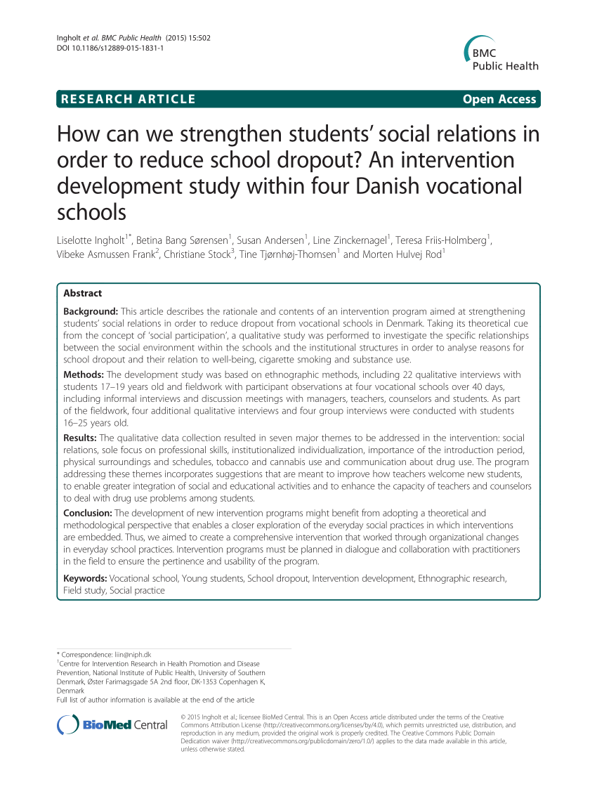 How can we strengthen social relations in order to reduce school An intervention development study within four Danish vocational schools