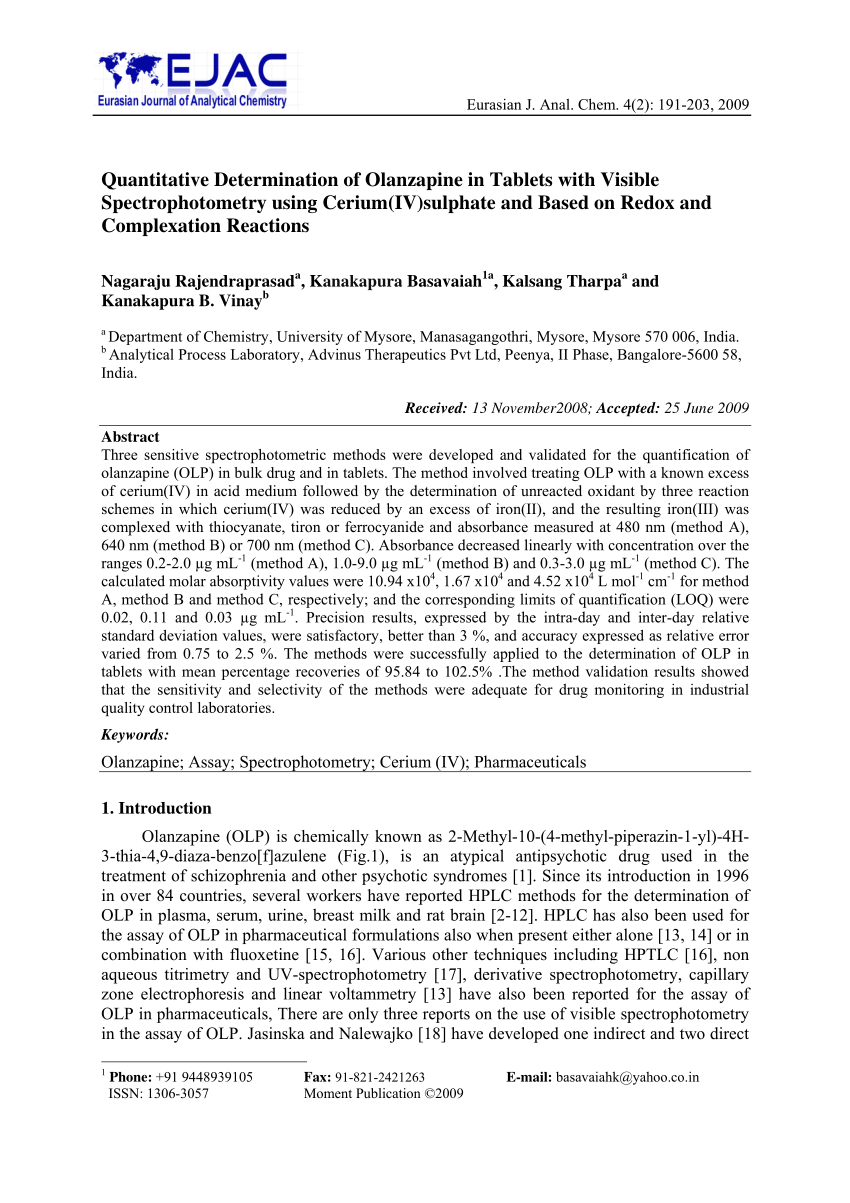 Pdf Quantitative Determination Of Olanzapine In Tablets With Visible Spectrophotometry Using Cerium Iv Sulphate And Based On Redox And Complexation Reactions