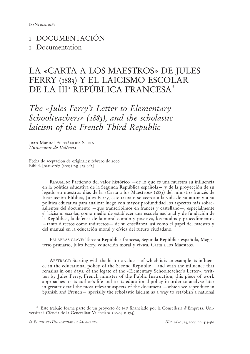 (PDF) La "Carta a los Maestros" de Jules Ferry (1883) y el 