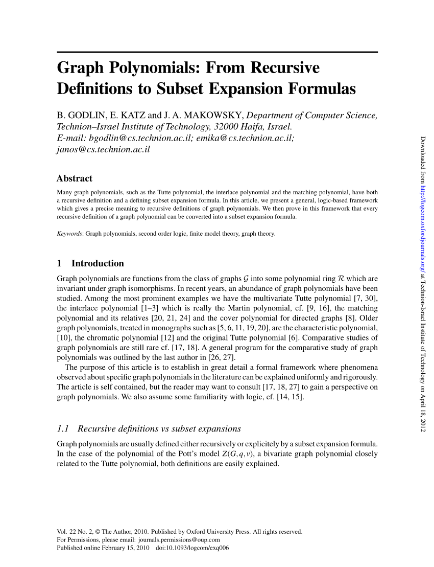 Pdf Graph Polynomials From Recursive Definitions To Subset Expansion Formulas