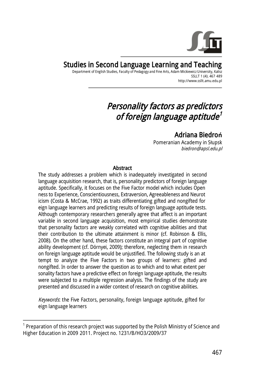  PDF Personality Factors As Predictors Of Foreign Language Aptitude