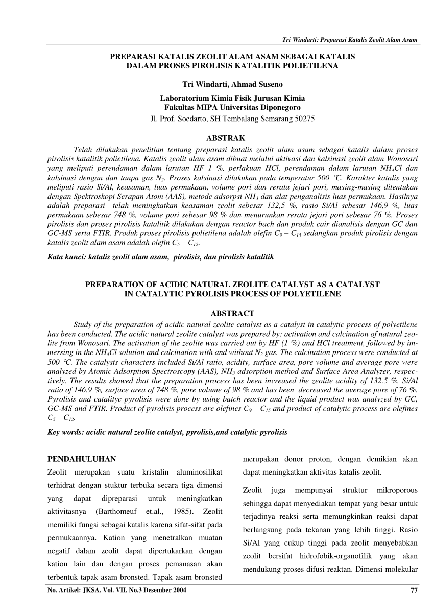 (PDF) Preparasi Katalis Zeolit Alam Asam sebagai Katalis dalam Proses