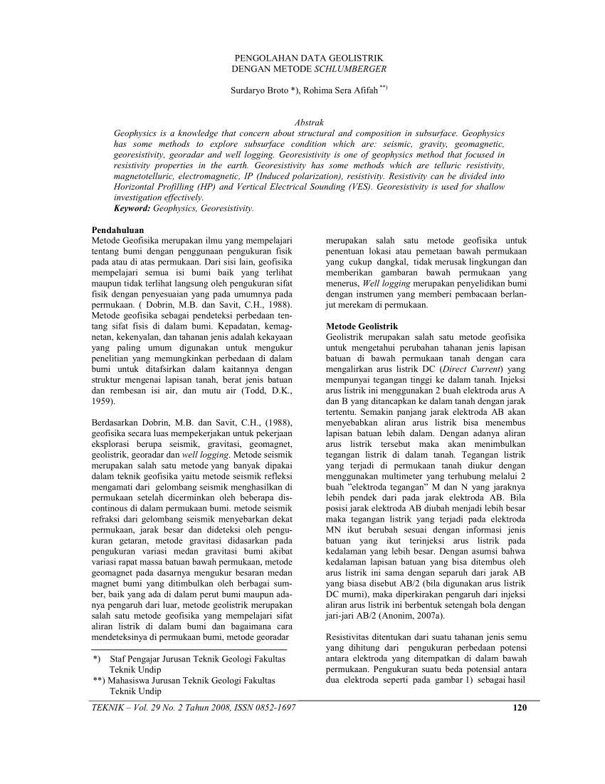 Pdf Pengolahan Data Geolistrik Dengan Metode Schlumberger