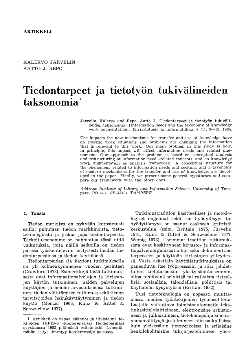 PDF) Tiedontarpeet ja tietotyön tukivälineiden taksonomia