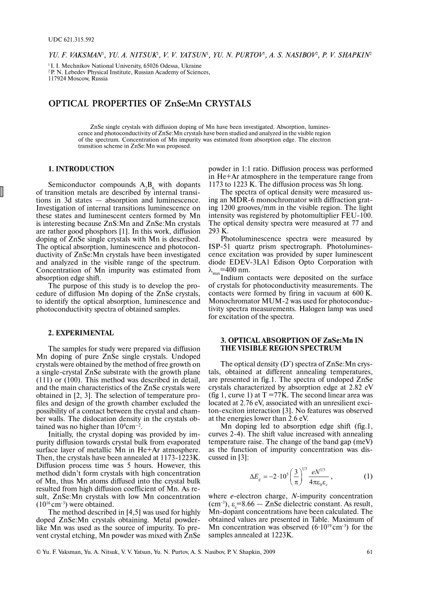 Pdf Optical Properties Of Znse Mn Crystals