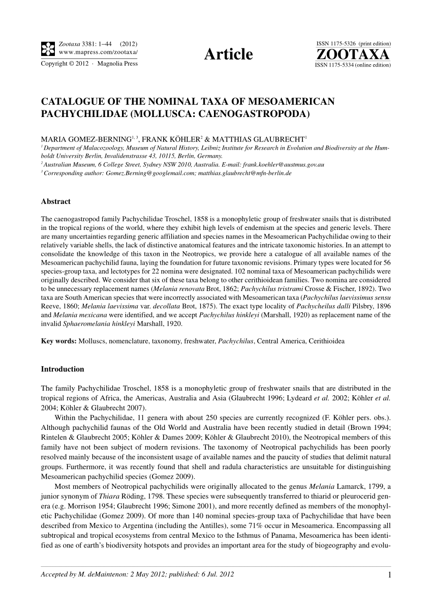 Pdf Catalogue Of The Nominal Taxa Of Mesoamerican Pachychilidae Mollusca Caenogastropoda