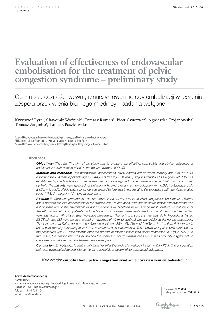 PDF) Evaluation of effectiveness of endovascular embolisation for the  treatment of pelvic congestion syndrome - preliminary study