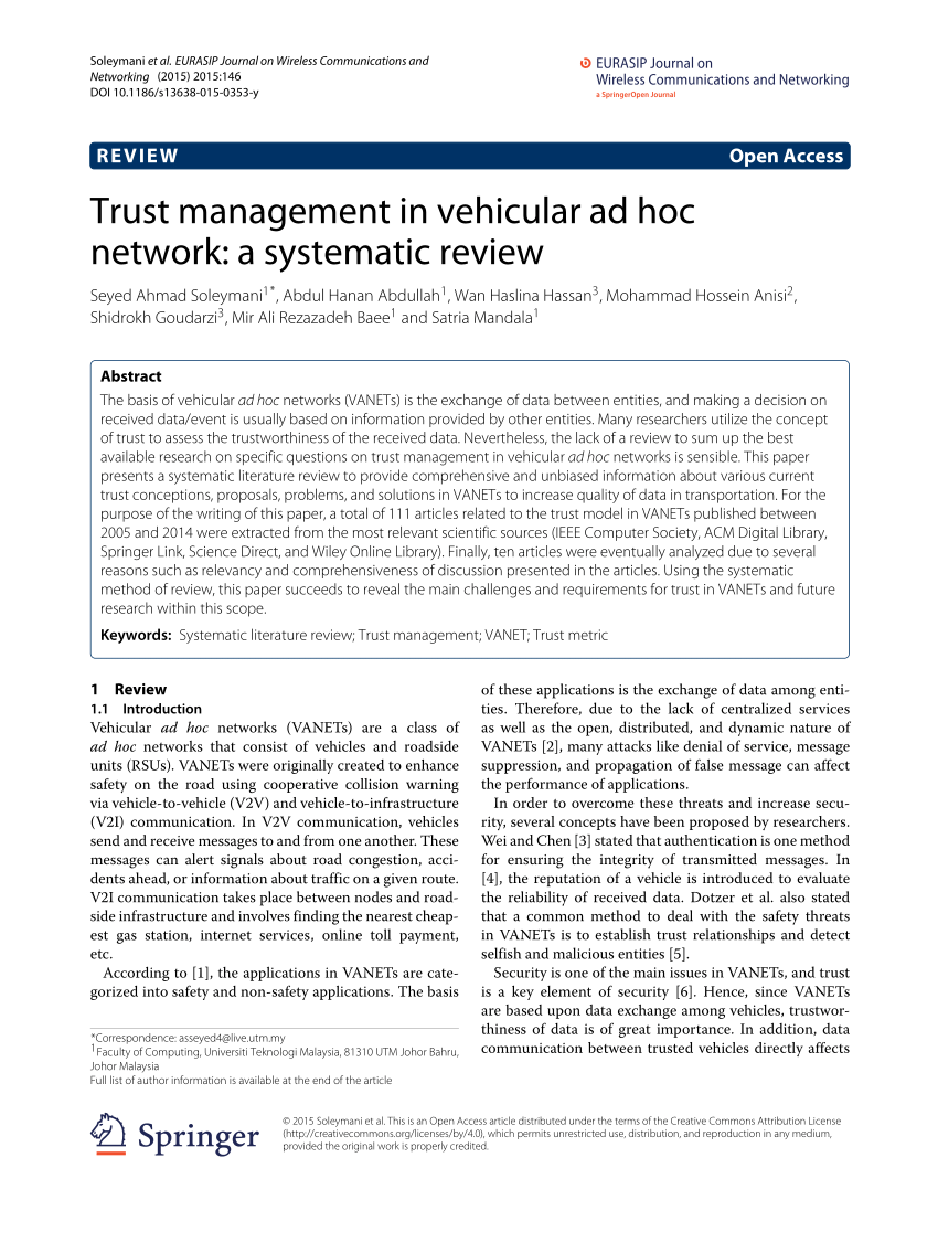 Pdf Trust Management In Vehicular Ad Hoc Network A Systematic Review