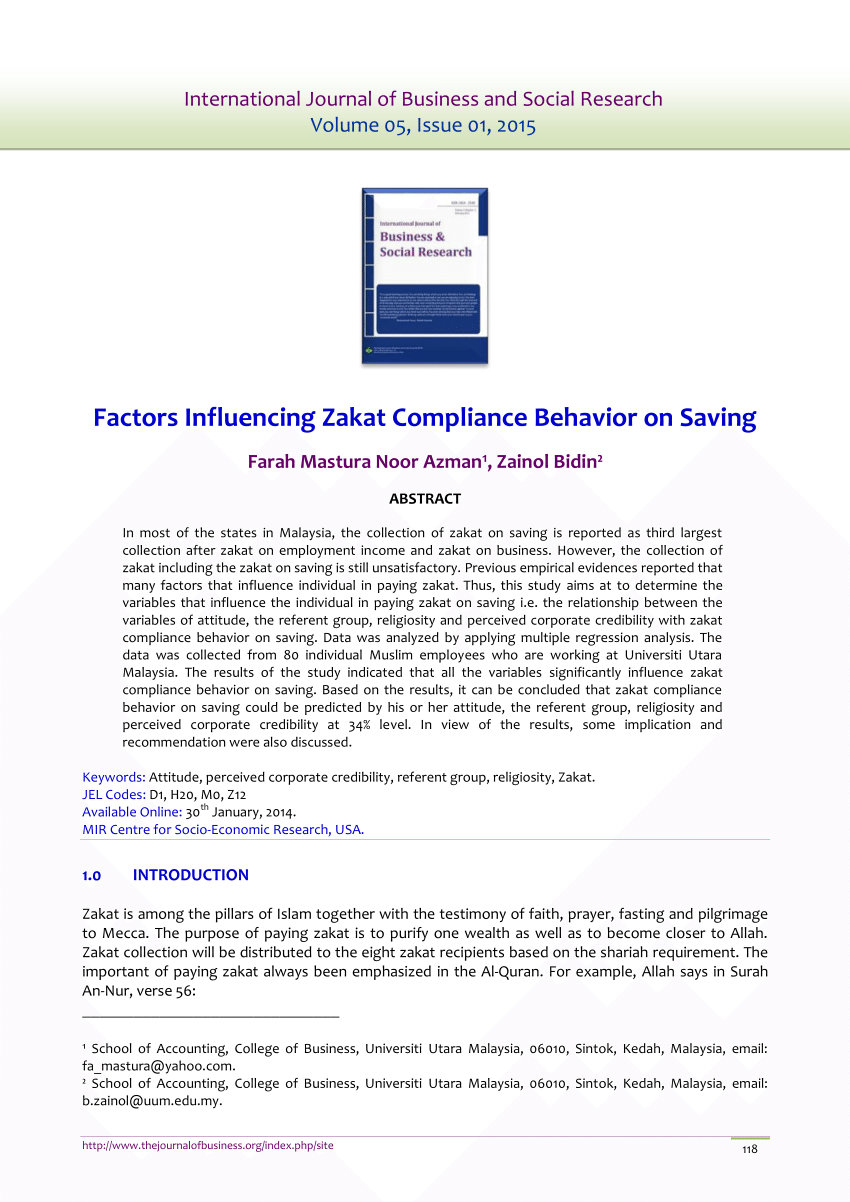 Pdf Factors Influencing Zakat Compliance Behavior On Saving