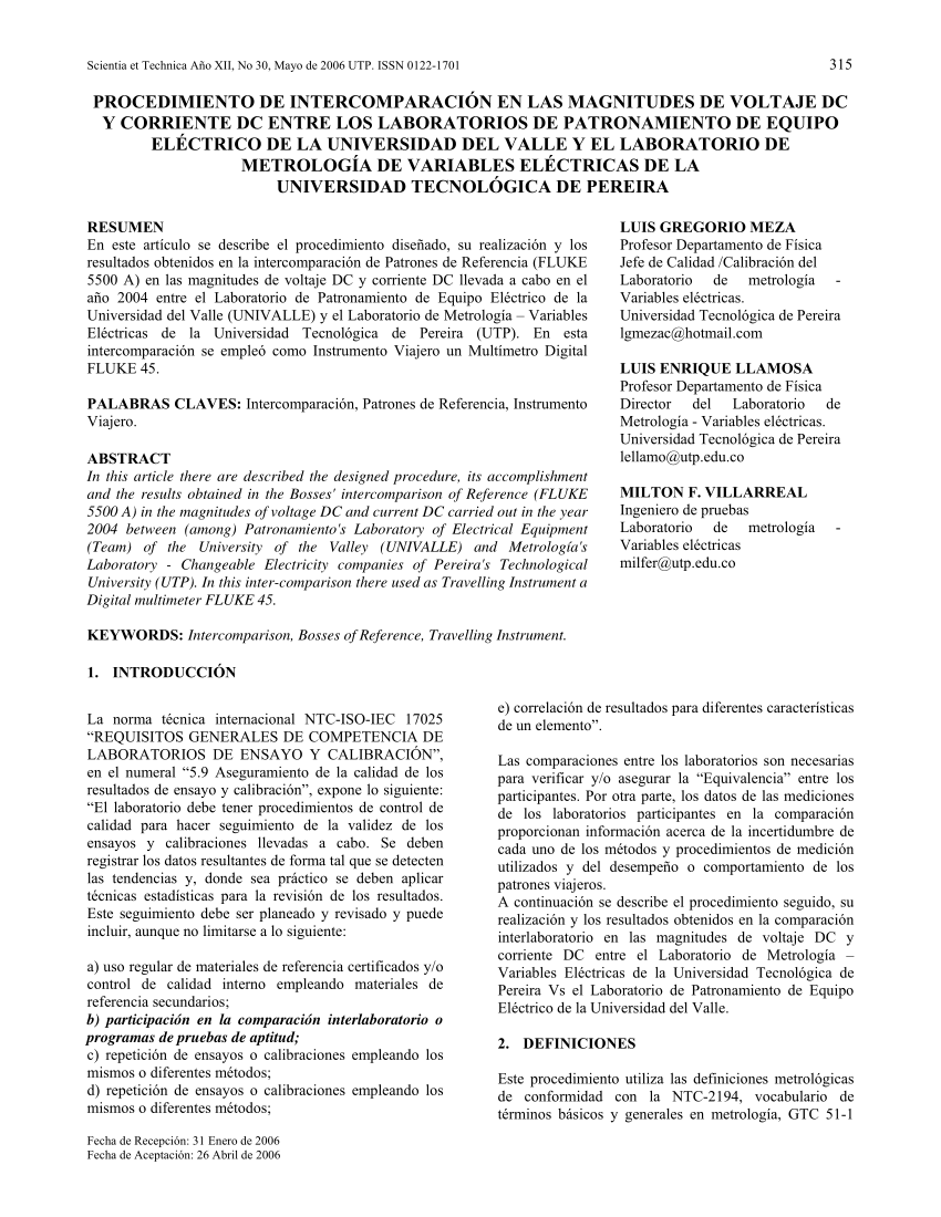 Pdf Procedimiento De Intercomparacion En Las Magnitudes De Voltaje Dc Y Corriente Dc Entre Los Laboratorios De Patronamiento De Equipo Electrico De La Universidad Del Valle Y El Laboratorio De Metrologia De