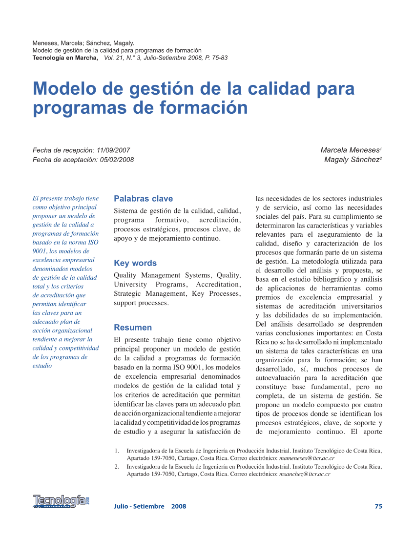 PDF) Modelo de gestión de la calidad para programas de formación