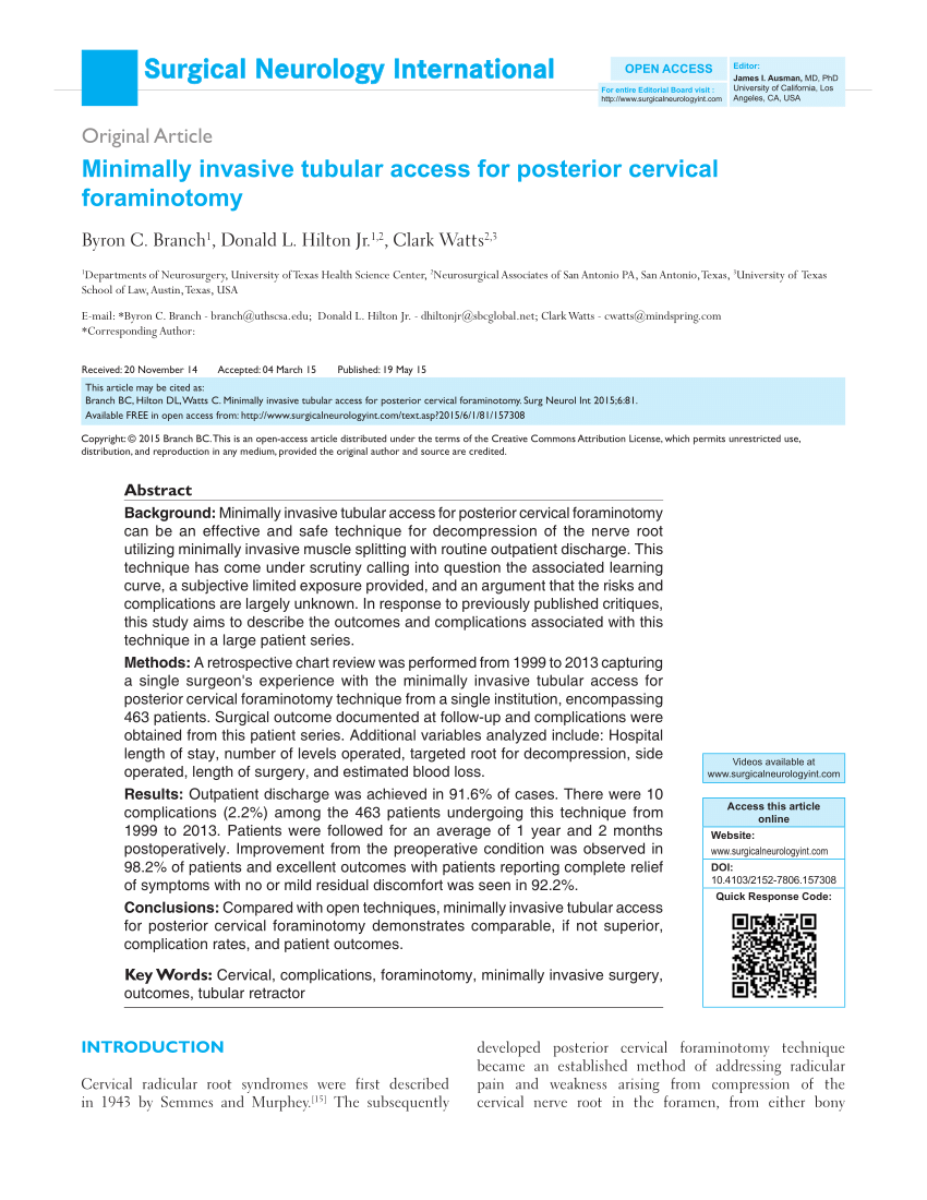 Pdf Minimally Invasive Tubular Access For Posterior Cervical Foraminotomy 2198