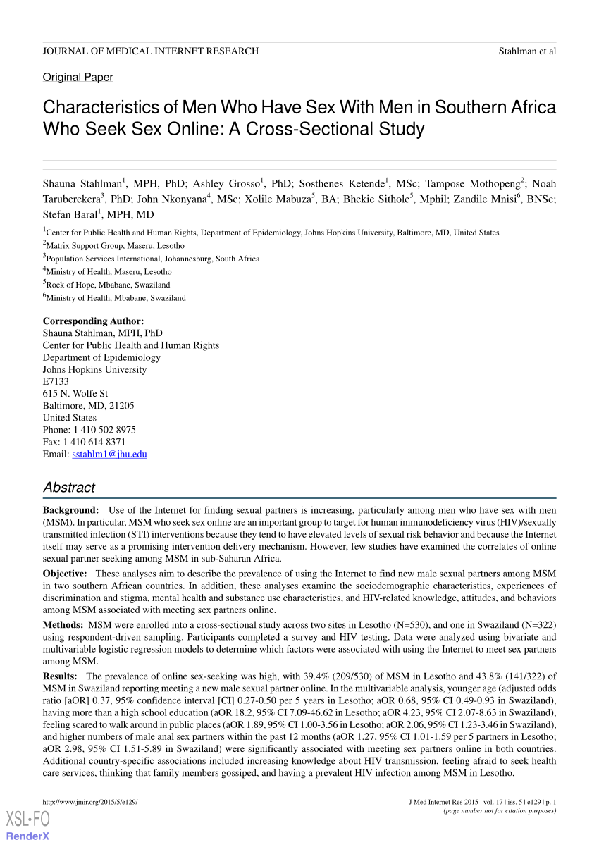 PDF) Characteristics of Men Who Have Sex With Men in Southern Africa Who  Seek Sex Online: A Cross-Sectional Study