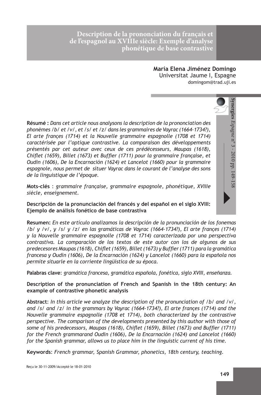 Pdf Description De La Prononciation Du Francais Et De L Espagnol Au Xviiie Siecle Exemple D Analyse Phonetique De Base Contrastive