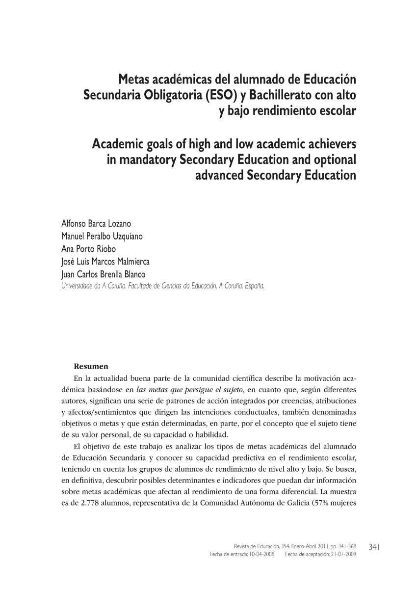 PDF) Metas académicas del alumnado de Educación Secundaria Obligatoria  (ESO) y Bachillerato con alto y bajo rendimiento escolar