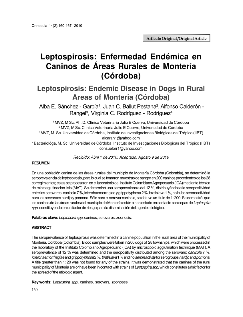 PDF) Leptospirosis: Enfermedad Endémica en Caninos de Áreas Rurales de  Montería (Córdoba)