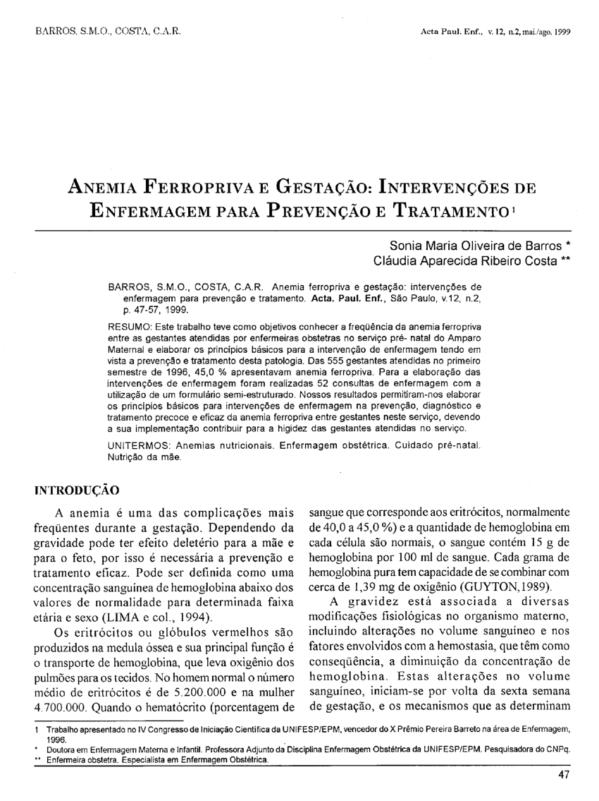 PDF) Anemia ferropriva e gestação: intervenções de enfermagem para  prevenção e tratamento