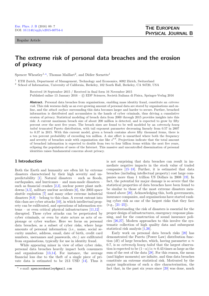 Pdf The Extreme Risk Of Personal Data Breaches The Erosion Of Privacy