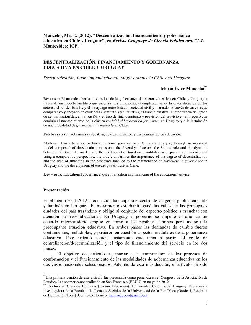 (PDF) DESCENTRALIZACIÓN, FINANCIAMIENTO Y GOBERNANZA EDUCATIVA EN CHILE ...