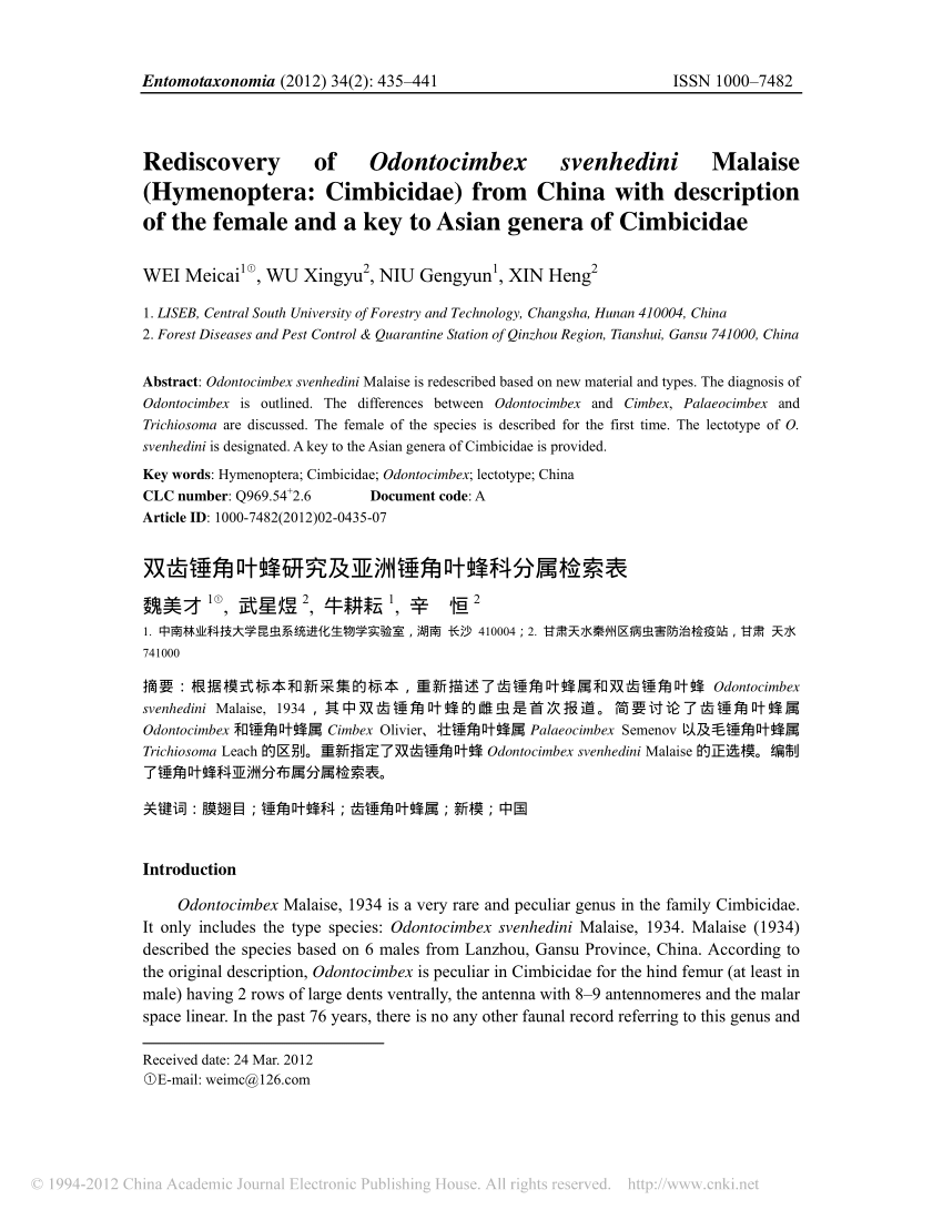 PDF) Rediscovery of Odontocimbex svenhedini Malaise (Hymenoptera: Cibicidae) from China with of the female and a key to Asian genera of Cimbicidae