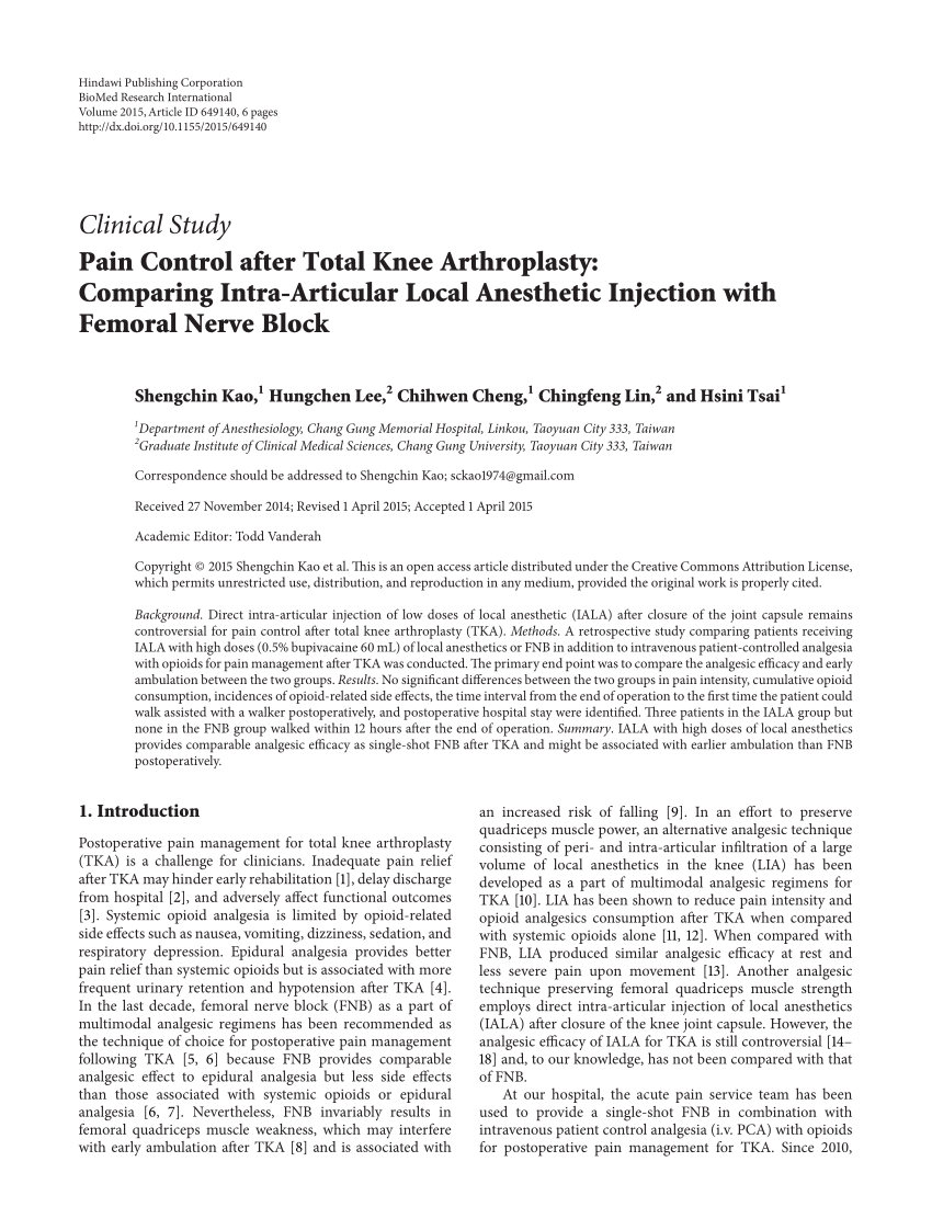 Pdf Pain Control After Total Knee Arthroplasty Comparing Intra Articular Local Anesthetic