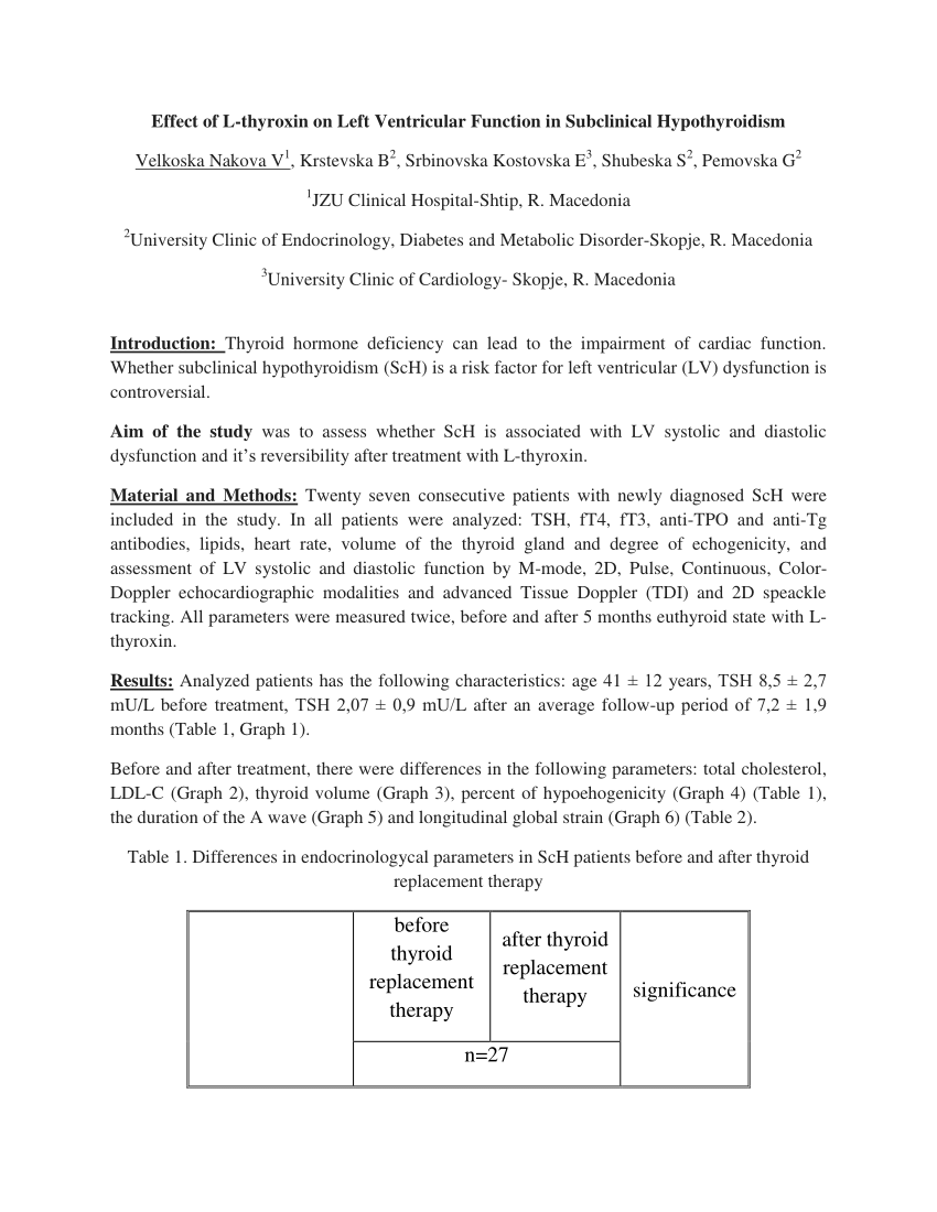 Pdf Effect Of L Thyroxine On Left Ventricular Function In Subclinical Hypothyroidism